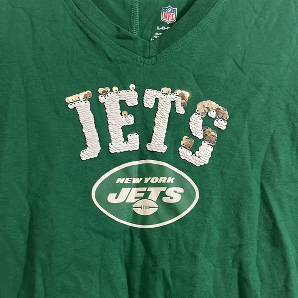 NFL Jets Girls Team Apparel V Neck T-Shirt size L (14) white green with sequin - Picture 2 of 9